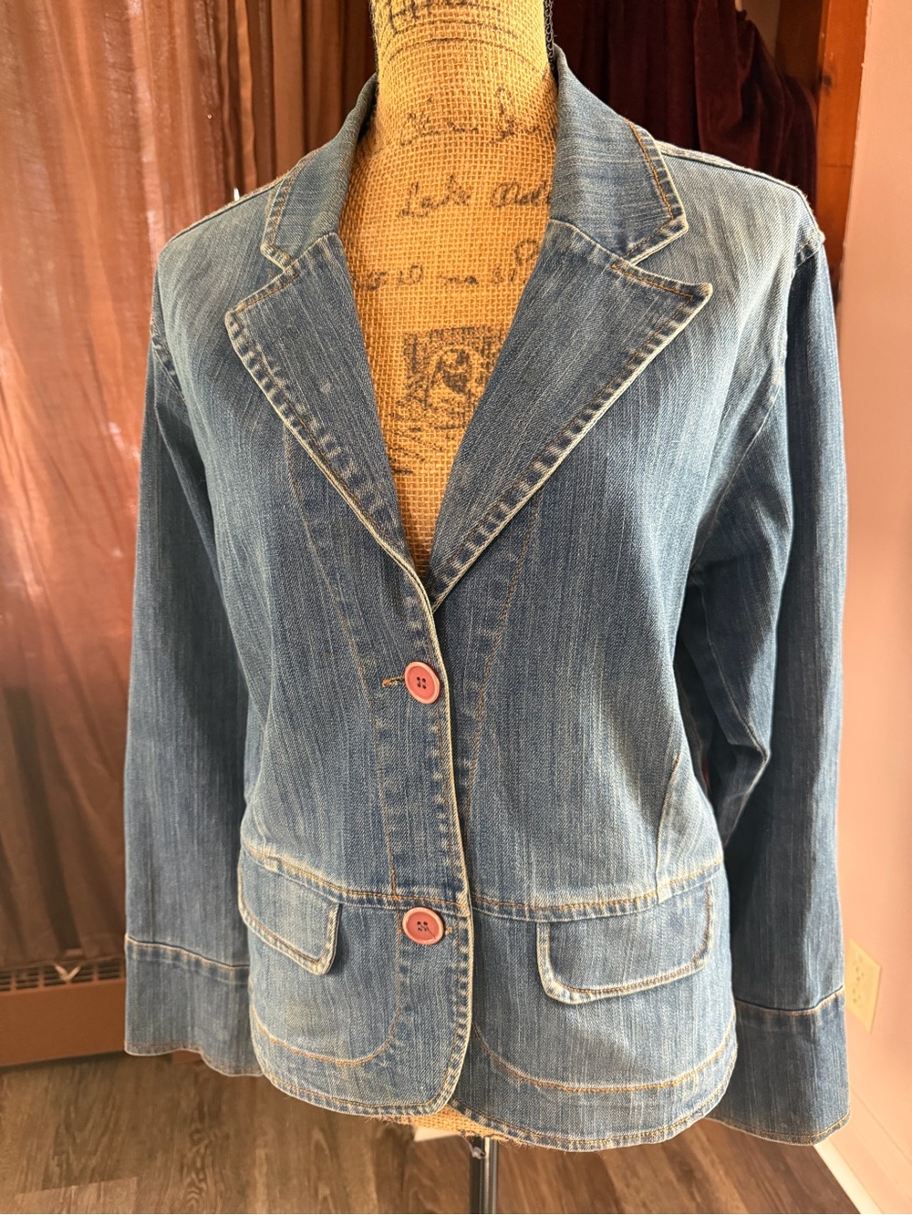K Jordan Blue Denim Tailored Jacket with Pink Buttons